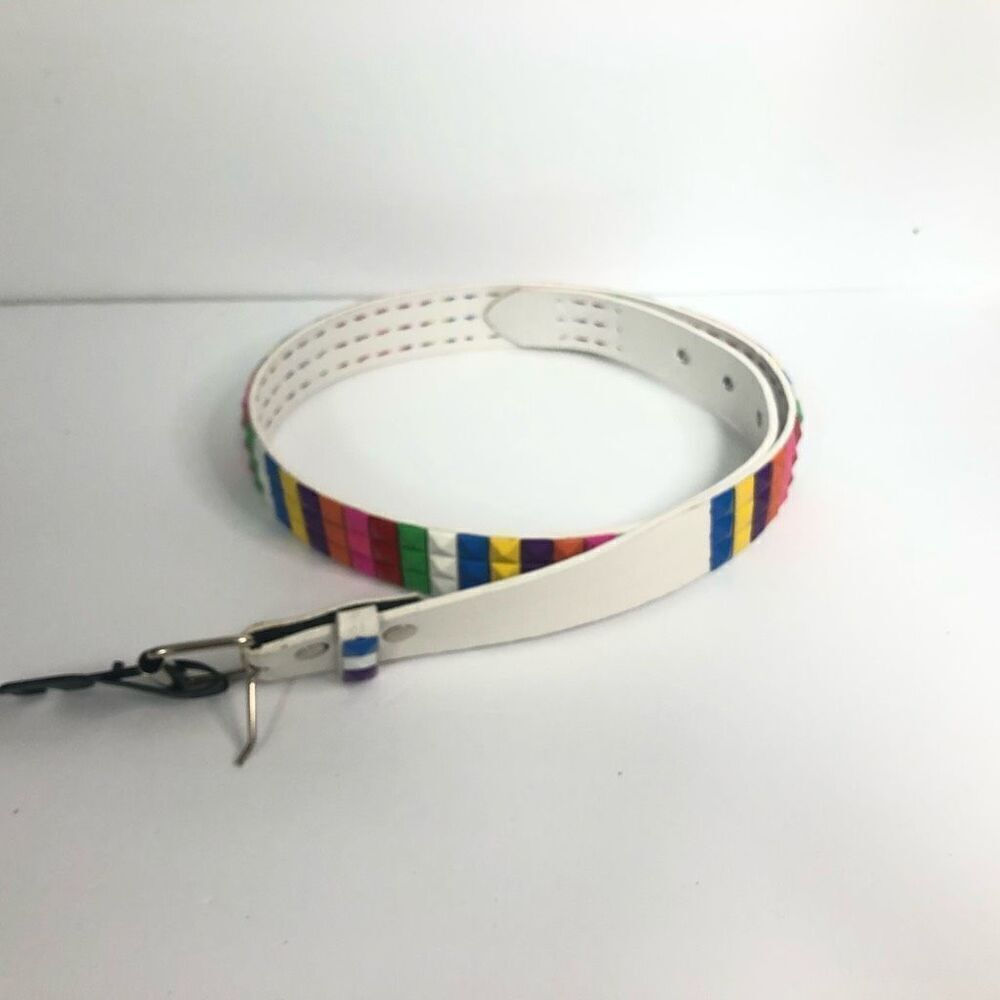 studded 3 row rainbow white leather belt emo pride lgbt size large kid‎ core